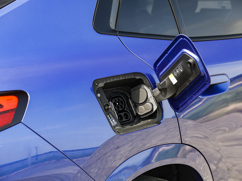 Closeup of Blue BMW charging port