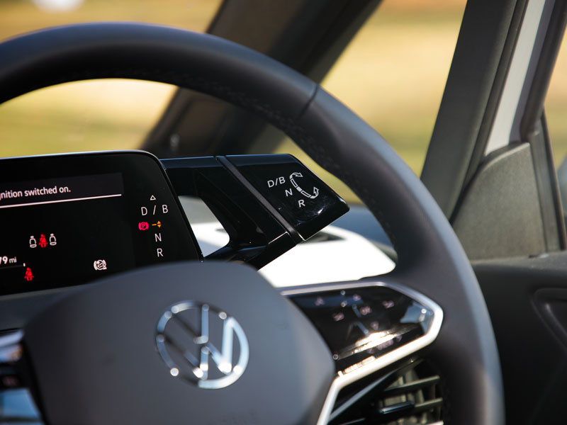 A close up of the VW ID.3's driver display through the steering wheel