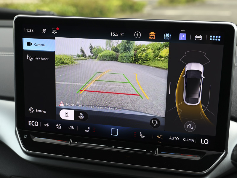 A close up of the VW ID.5's infotainment screen displaying reversing camera view on screen